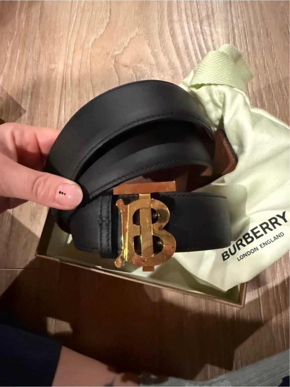 Burberry Black Leather Belt with Gold TB Buckle